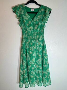 Sienna Sky Green Floral Smocked Midi Dress Flutter Sleeve XS